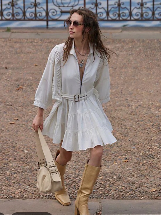 Free People Dresses & Skirts - Free People Hampton Belted Waist Tiered Poplin Mini Dress M